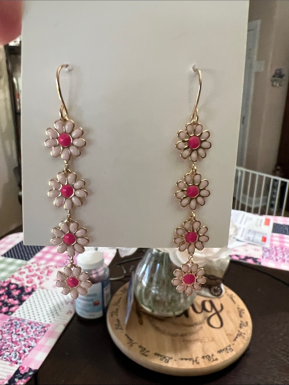 Source Unknown Gold-Tone Pink Floral Drop Earrings